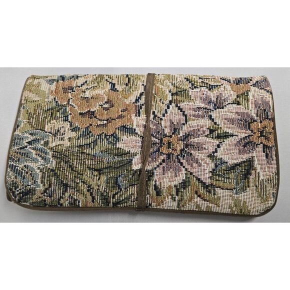 Floral Tapestry Jewelry Roll Organizer With Tie Closure & Multiple Compartments - Picture 2 of 5